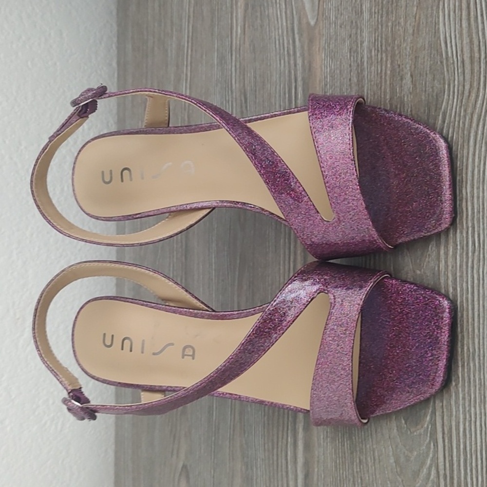 New Unisa ZENNIE Purple Glitter High Heel Strappy Sandals Size 9 D'Orsay Sides - Picture 3 of 11
